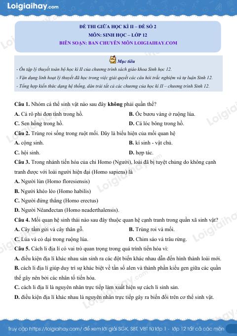 Đề kiểm tra giữa kì 2 Sinh 12 - Đề số 2 có lời giải chi tiết